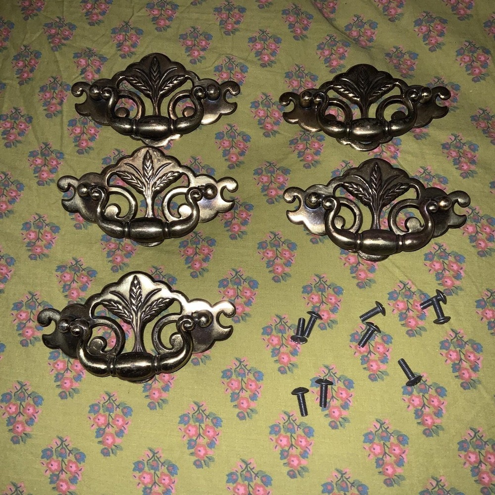 5 Brass Drawer Pulls Furniture Hardware Drop Handle Vintage Ornate Solid Mcm